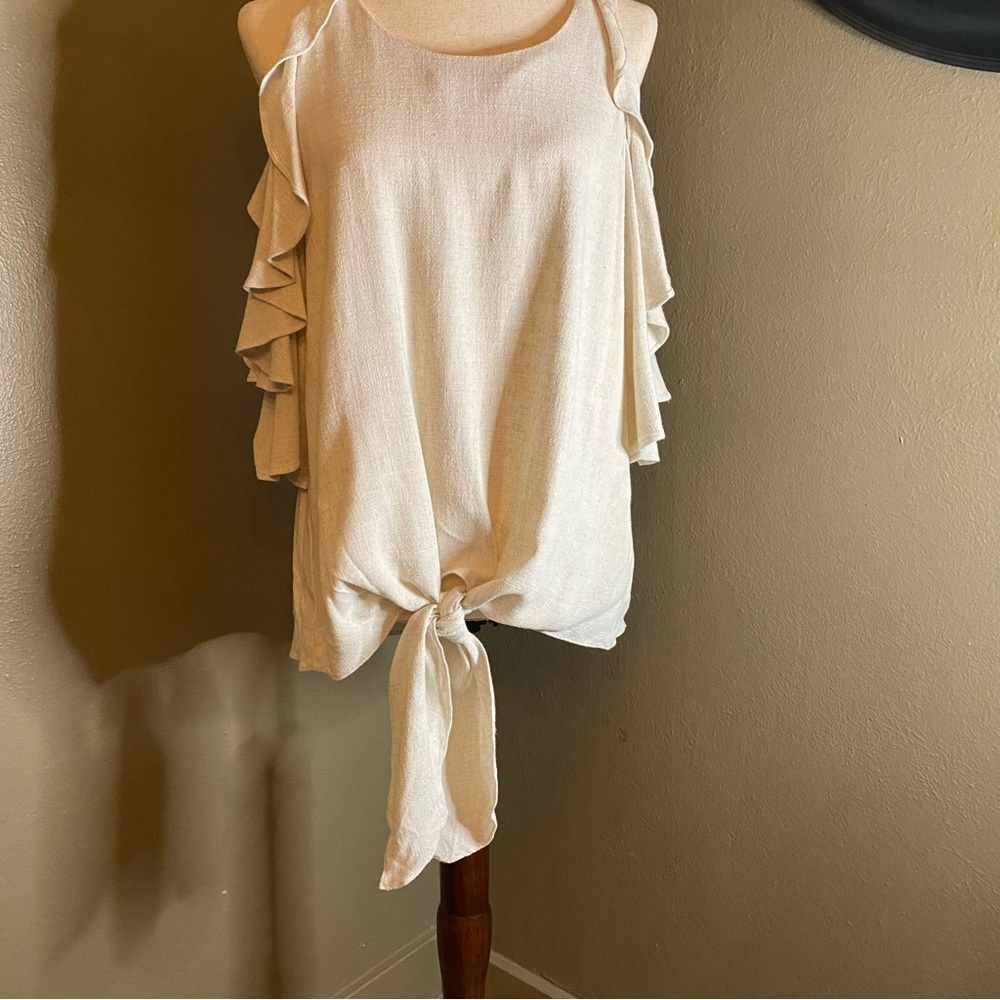 NWT Linen Tie Front, Cold Shoulder Blouse , Light Tan, Medium, 24” Long